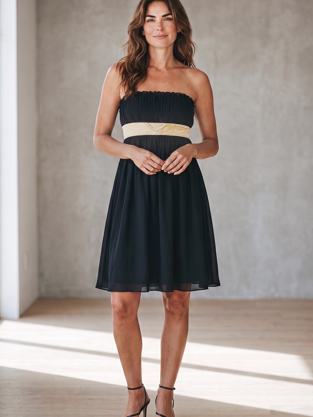 Jones Wear Strapless Black Dress with gold “satin” back tie Waistband